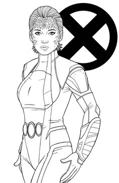 a woman in black and white with the x - men symbol above her