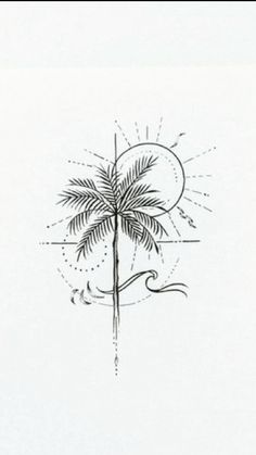 a black and white drawing of a palm tree with the sun in the sky behind it