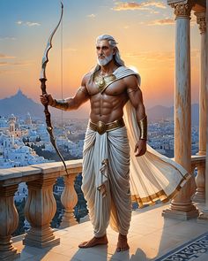 an image of a man with a bow and arrow standing on a balcony overlooking the city