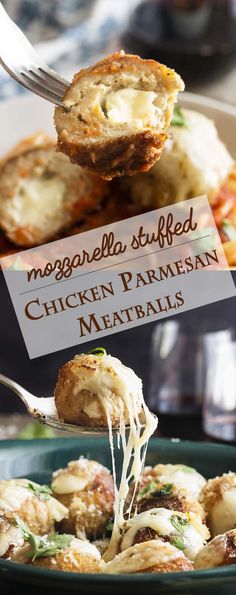 a fork is lifting up some food from a plate with the words mozzarella stuffed chicken parmesan meatballs