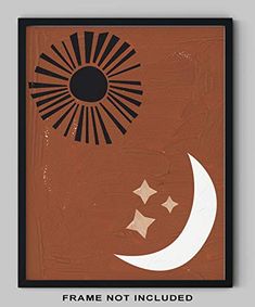 a poster with the sun and stars on it, in black frame against a brown background