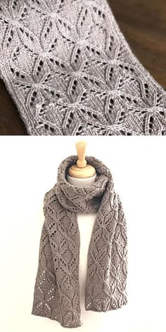 two pictures one with a knitted scarf and the other with a crochet shawl