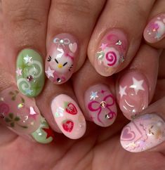 ig @clawsbyizui Creative Short Nail Designs, Cute Short Nails Designs, Cute Nail Ideas For Kids, Nail Ideas Art, Cute Nails Designs, Funny Nails, Short Nails Ideas, Punk Nails