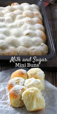 an image of mini buns being baked in the oven and then topped with powdered sugar