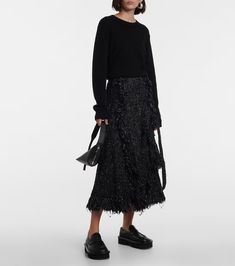 Fringed flared tweed midi skirt in black - Sacai | Mytheresa Chic Flowy Wool Skirt, Chic Wool Flared Skirt, Chic Wool Skirt For Winter, Chic Winter Wool Skirt, Chic Wool Mini Skirt, Chic Wool Midi Skirt, Spring Wool Midi Skirt, Fall Evening Midi Skirt, Relaxed Evening Skirt For Winter