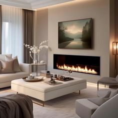 a living room filled with furniture and a fire place in the middle of the room