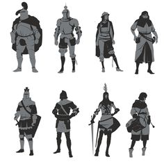 six silhouettes of knights in various poses