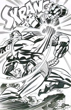 a black and white drawing of a comic character