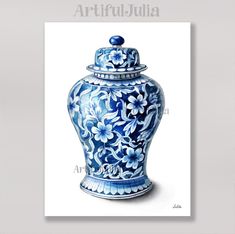 a painting of a blue and white vase with flowers painted on it's sides