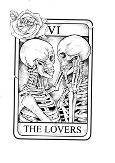 the lovers tarot card with two skeletons holding each other's hands in front of them