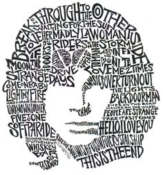 a drawing of a man's face with words all over it in black and white