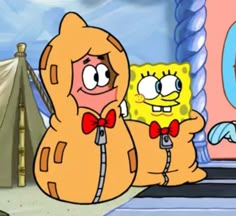 spongebob is sitting in front of a tent and another character is standing next to him