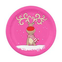 a pink paper plate with a reindeer on it