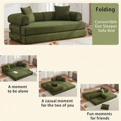 an image of a green couch with instructions for how to put it in the living room