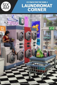 a woman sitting on top of a stack of washers next to a laundry machine