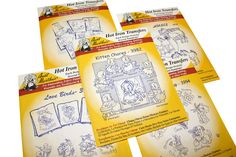 four coloring books with pictures of cats and dogs on the covers, all in yellow paper