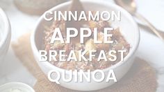 cinnamon apple breakfast quinoa in a white bowl on a table with spoons