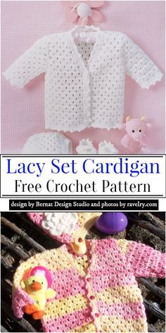 a crocheted baby sweater and booties is shown with the text lacy set cardigan free crochet pattern