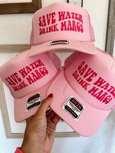 "Save Water Drink Margs" Trucker Hat Available In Multiple Colors Graphic Is Pink 100% Polyester Front 100% Polyester Mesh Back Traditional Look 5 Panel Cap Bachelorette Hats, Save Water Drink, Save Water, Cute Wedding Ideas, Hat Designs, Trucker Cap, Trucker Hat, Caps Hats, Accessories Hats