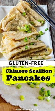 gluten - free chinese scallion pancakes on a plate with chopsticks