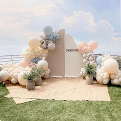 an outdoor area with balloons and vases on the grass, near a sign that says parisons