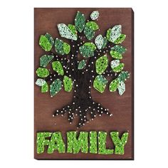 a family tree with the word family spelled in green and white letters on a brown background