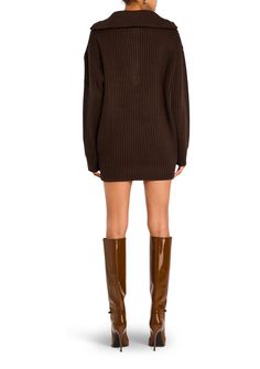 Chunky, oversized sweater dress with plunging neckline and collar detail. 100% Acrylic Made in China Model is 5'9" wearing size S Brown Sweater Dress Outfit, Oversized Sweater Dress, Dress With Plunging Neckline, Brown Sweater Dress, Chunky Oversized Sweater, Summer Neutrals, Sweater Dress Oversized, Sweater Dress Outfit, Knit Outerwear