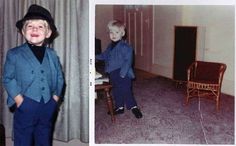 an old photo of a young boy in a suit and top hat standing next to a chair