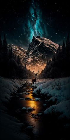 a deer standing in the middle of a snow covered forest under a night sky filled with stars