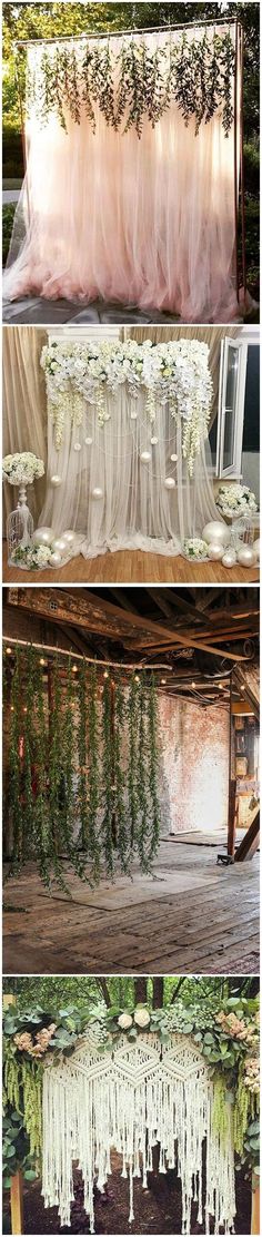 wedding decorations and flowers hanging from the ceiling