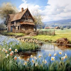 a painting of a house by the water with flowers in front of it and grass on the other side