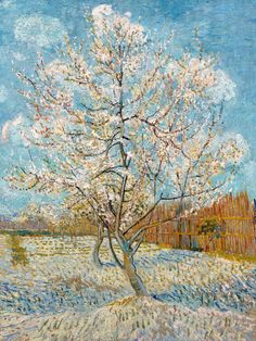 a painting of a tree with pink flowers in the foreground and blue sky behind it