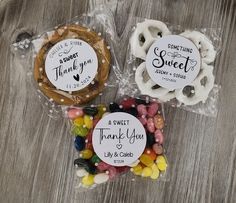 three candy bags filled with different types of candies