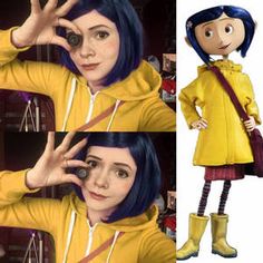 a woman with blue hair and yellow jacket holding up her hand in front of her face