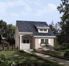 a small pink house with a white door and windows on the front porch is surrounded by greenery