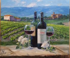 a painting of two wine bottles and glasses on a table