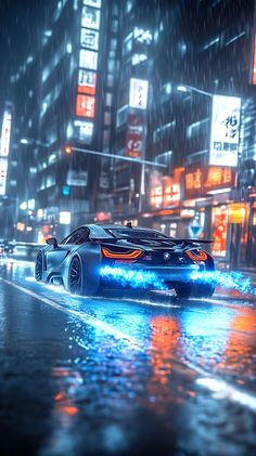 BMW car gritty, realistic imahe of a sports car driving through a wet city. the city is pale and the car has straight blue flames coming out the exhausts. most of the coloures in the image are slightly dull and muted, but the flames are bright