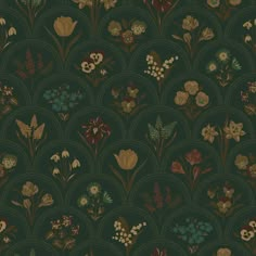 an art deco wallpaper pattern with flowers and leaves on dark green background, in the style of japanese painting