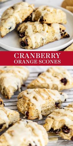 cranberry orange scones with icing on a white plate and in the background