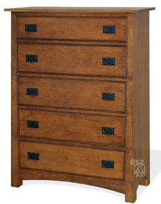 a wooden dresser with four drawers and black knobs on the bottom drawer, against a white background