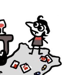 a drawing of a person standing on top of a map with cards in front of them