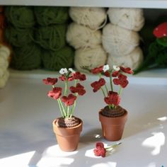 two crocheted flowers in small clay pots