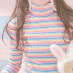 Free Shipping~|| Love Heart Embroidery High Collar Stripe Color Block T-shirt Pastel Long Sleeve Cotton Tops, Colorful Trendy Winter Tops, Trendy Colorful Winter Tops, Trendy High Neck Pink Top, Multicolor Kawaii T-shirt For Spring, Rainbow Crew Neck Top For Winter, Colorful Playful Long Sleeve Tops, Cute Pastel Tops For Spring, Trendy Long Sleeve Rainbow Tops