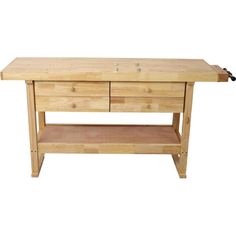 a wooden workbench with two drawers on one side and an open drawer on the other