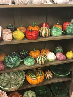 a shelf filled with lots of different types of pumpkins and gourmet dishes