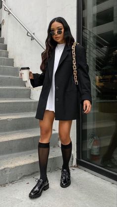 Blazer And Chunky Loafers, Classy Tights Outfit, Shirt Dress And Blazer Outfit, Green Blazer Outfit Night Out, Pink Dress Black Blazer, Loafers And Tights Outfit, Layback Outfits, How To Style Platform Loafers, Black Dress And Blazer Outfit