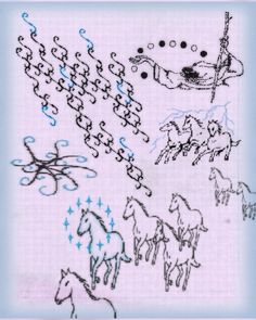 a drawing of horses and numbers on a sheet of paper with blue writing in the middle