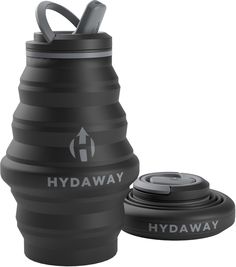 the hydro water bottle is black and has a lid that says hydraway on it