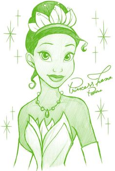 the princess and the frog character is drawn in green ink with stars around her head