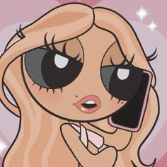 a cartoon girl with long blonde hair and big eyes holding a cell phone to her ear